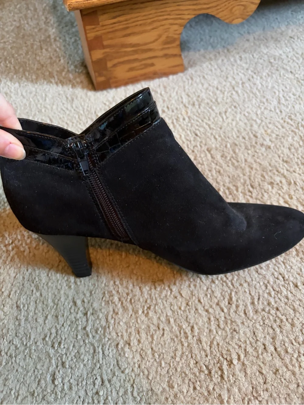 Women's Black Suede Ankle Booties with Patent Trim